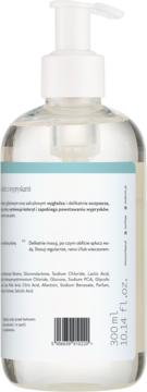 Tył butelki wygładzającego żelu do mycia ciała z pompką, z listą składników i kodem kreskowym.