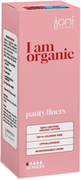 Różowe pudełko Joni Teens I am organic panty liners z białymi i czerwonymi napisami, widoczne z przodu i boku.