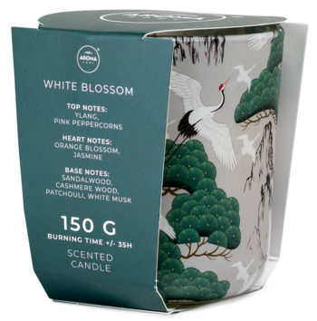 Świeca zapachowa White Blossom w szklanym słoju z wzorem żurawi, w zielonym pudełku z nutami zapachowymi.