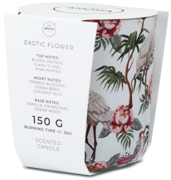 Świeca zapachowa Aroma Home "Exotic Flower", białe opakowanie, szklany słoik z ptakami i kwiatami.