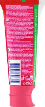 Tył tubki pasty Colgate Max Fresh Fruit Fushion Watermelon & Guava, 75ml, różowa, ze składem i kodem kreskowym.