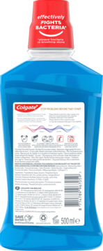 Tył niebieskiej butelki płynu do płukania jamy ustnej Colgate Total Plaque Protect, z czerwoną zakrętką, zwalczający bakterie.