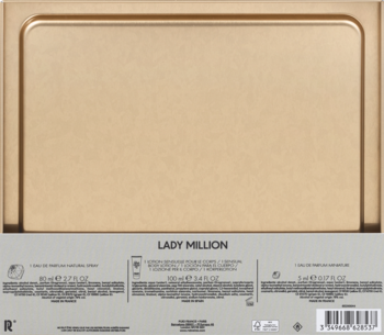 Zestaw perfum Paco Rabanne Lady Million w złotym, prostokątnym pudełku z szarą dolną częścią, widok z góry.