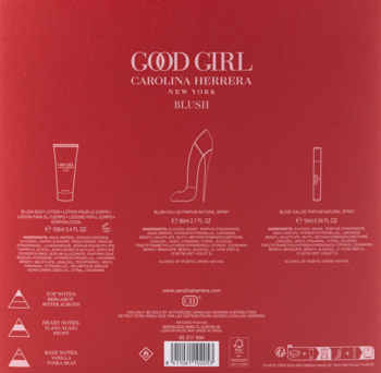 Tył czerwonego opakowania zestawu Carolina Herrera Good Girl Blush z widocznymi składnikami, balsamem, perfumami i mini sprayem.