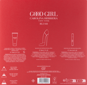 Tył czerwonego zestawu Carolina Herrera Good Girl Blush z ilustracjami perfum 80ml, 10ml i balsamu do ciała.