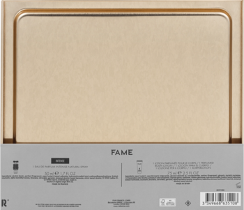 Tył damskiego zestawu Paco Rabanne Fame Intense. Złota puszka i szare opakowanie z opisami produktu.