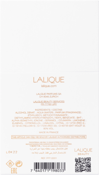 Tył opakowania perfum Lalique Infinite Shine, białe, z widoczną listą składników i oznaczeniem Made in France.