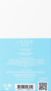 Tył opakowania wody perfumowanej Lalique Blue Rise, niebiesko-białe, ze składem i kodem kreskowym.