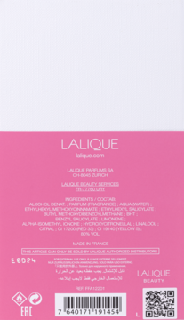 Tył opakowania wody perfumowanej Lalique Pink Paradise, różowa etykieta ze składem i kodem kreskowym.