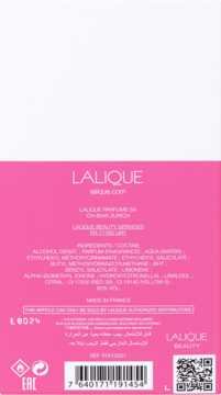 Tyl opakowania damskiej wody perfumowanej Lalique Pink Paradise. Różowo-białe, z listą składników i kodem EAN.