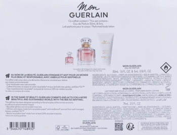 Tył opakowania zestawu Guerlain Mon Guerlain, z wodą perfumowaną, miniaturą, balsamem i składnikami.