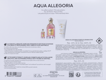 Tył białego opakowania zestawu Guerlain Aqua Allegoria, z tekstem i zdjęciami perfum oraz balsamu.