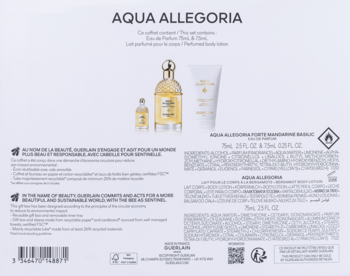 Tył białego opakowania zestawu prezentowego Guerlain Aqua Allegoria, z butelkami perfum i balsamem.