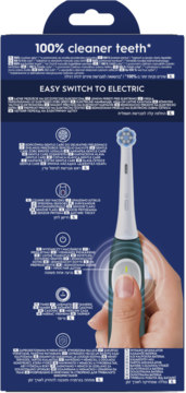 Oral-B iO 2 elektryczna szczoteczka. Tył opakowania: niebieskie tło, ręka trzymająca szczoteczkę z napisem 'Easy Switch'.