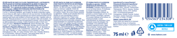 Tył opakowania pasty Aquafresh White Renew wybielającej z fluorkiem, widoczne informacje, kod kreskowy i 75 ml.