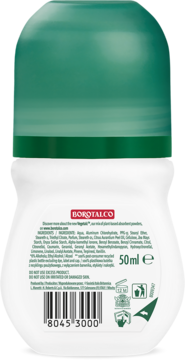 Tył białego antyperspirantu Borotalco Original 50ml z zieloną nakrętką, widoczne szczegółowe informacje o produkcie i składzie.