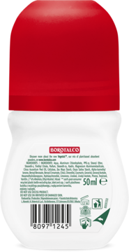 Tył antyperspirantu Borotalco Intensive w kulce, biała butelka, czerwony korek, widoczny kod kreskowy i 50ml.