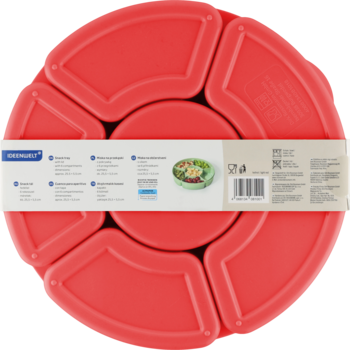 Czerwona, plastikowa taca na przekąski z sześcioma przegródkami, widok z góry, w białym banderolu.