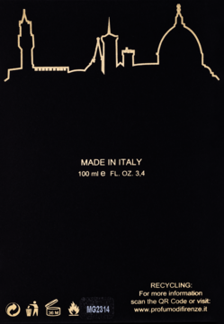 Tył czarnego opakowania perfum Profumo Matelda di Firenze. Złota grafika panoramy Florencji, napisy: Made in Italy, 100ml.