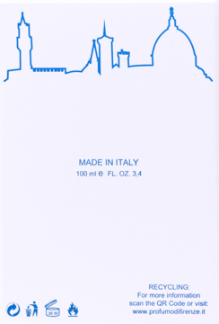 Tył opakowania perfum Profumo di Firenze 100ml. Białe pudełko, niebieski szkic panoramy Florencji, napisy 'MADE IN ITALY', 'RECYCLING'.