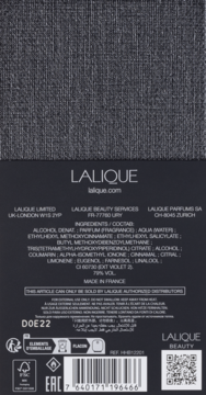 Zbliżenie na tył czarnego opakowania perfum Lalique z listą składników, kodem kreskowym i logotypem.