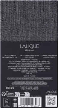 Tył czarnego opakowania wody perfumowanej Lalique Glorious Indigo z białą etykietą i listą składników.