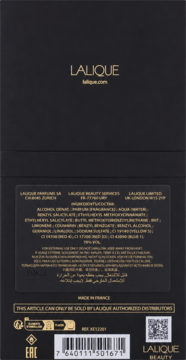 Tył czarnego opakowania Lalique Noir Premier Fruits Du Mouvement perfum z białym tekstem, składem i kodem QR.