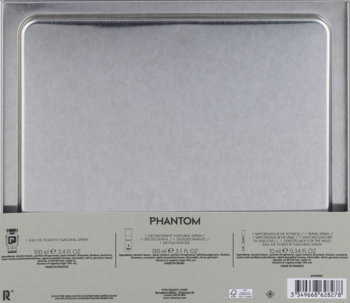Srebrzysto-szare, metaliczne pudełko zestawu Paco Rabanne Phantom, widok z przodu z białymi napisami.