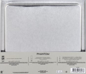 Tył opakowania zestawu Paco Rabanne Phantom dla mężczyzn, srebrny metal, widoczne dane 100ml, 10ml, 150ml.