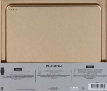 Tył złotego opakowania zestawu Paco Rabanne Phantom Intense: woda perfumowana 100/10ml, dezodorant 150ml z czarnym tekstem.