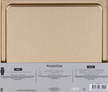 Tył złotego metalowego pudełka zestawu Paco Rabanne Phantom Intense dla mężczyzn, z widocznymi informacjami o produktach.