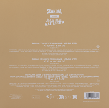 Tył opakowania zestawu Jean Paul Gaultier Scandal Absolu, perfumy 100ml i 10ml, żel 75ml, beżowy, biały tekst.