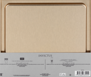 Paco Rabanne Invictus Victory zestaw prezentowy męski, złoty metalowy karton z EDP 100ml i dezodorantem 150ml.