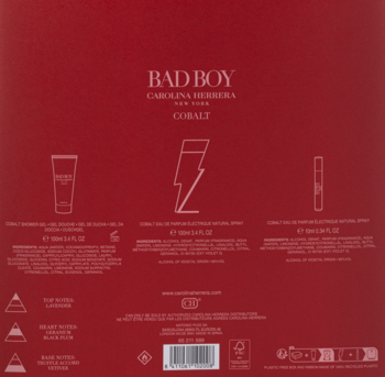 Tył czerwonego opakowania zestawu zapachowego Bad Boy Carolina Herrera Cobalt z opisami produktów.