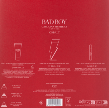 Tył czerwonego opakowania zestawu Carolina Herrera Bad Boy Cobalt, z ikonami żelu, wody perfumowanej i małej butelki.