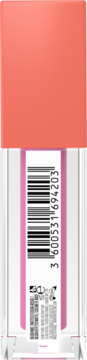 Tył płynnego różu Maybelline Sunkisser. Koralowa zakrętka, transparentny flakon z różowym płynem i etykietą z kodem kreskowym.