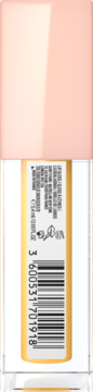 Tył błyszczyka Maybelline Lifter Gloss Honey, z przezroczystym korpusem, żółtą etykietą z kodem i brzoskwiniową zakrętką.