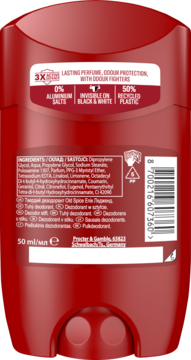 Tył czerwonego dezodorantu Old Spice Epic Legend. Widoczne składniki, barcode, info o 0% aluminium i 50% recyklingu.