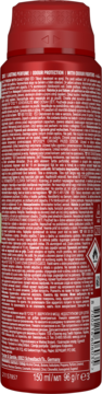 Tył czerwonego dezodorantu Old Spice Epic Legend w sprayu, z białym tekstem informacyjnym i symbolem łatwopalności.