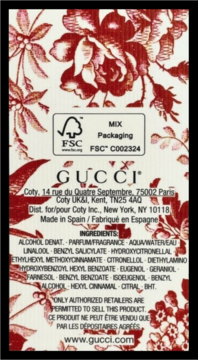 Tył opakowania damskiej wody perfumowanej Gucci Bloom. Biało-czerwony kwiatowy wzór, logo FSC i składniki.