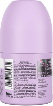 Tył fioletowego dezodorantu w kulce so!flow Fresh of the Runway 50ml. Etykieta z kodem kreskowym i opisem PL/EN.
