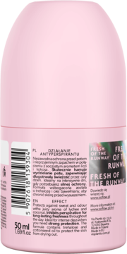 Tył różowego antyperspirantu so!flow w kulce 50ml, etykieta z opisem działania i zapachem liczi-kokos.