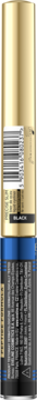 Eveline Precise Slim eyeliner w płynie, złota nasadka, ciemny korpus z niebieskimi paskami i tekstem, z przodu.