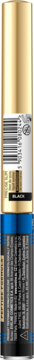 Czarny eyeliner Eveline Precise Slim, pionowy widok. Złote opakowanie z niebiesko-szarymi detalami i kodem.