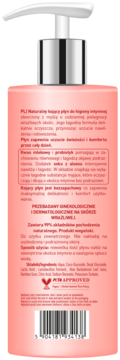 Joni naturalny płyn do higieny intymnej, tył brzoskwiniowej butelki z pompką, tekst, kod kreskowy, 99% nat. składników.
