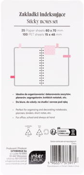 Tył opakowania Sticky Notes Set Interdruk. Białe tło, różowe zakładki, opis: 25 papierowych, 100 PET, rozmiary.