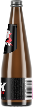 Brązowa butelka Black Energy Original, napój energetyzujący, widok z tyłu z kodem kreskowym.