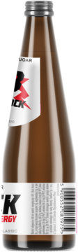 Brązowa butelka Black Energy Zero Sugar Classic, z białą etykietą i czerwonym piorunem, widok z boku.