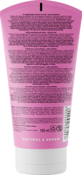 Fluff Wygładzający balsam do ciała z kwasem salicylowym, tył różowej tuby, widoczny skład i oznakowanie Vegan.