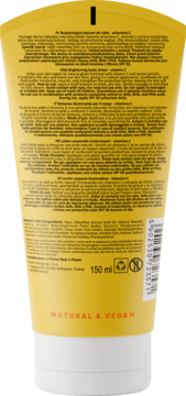 Tył tubki wegańskiego balsamu Fluff z witaminą C i cytryną 150 ml, z informacjami o składzie i zastosowaniu.
